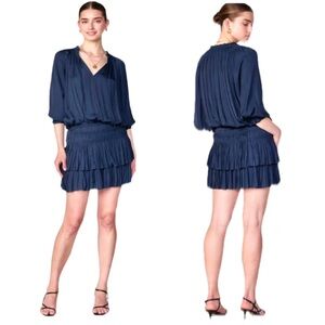 Azoe Peasant Drop Waist Tiered Long Sleeve Navy Blue Flowy Dress